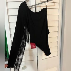 Black one shoulder fringe bodysuit
